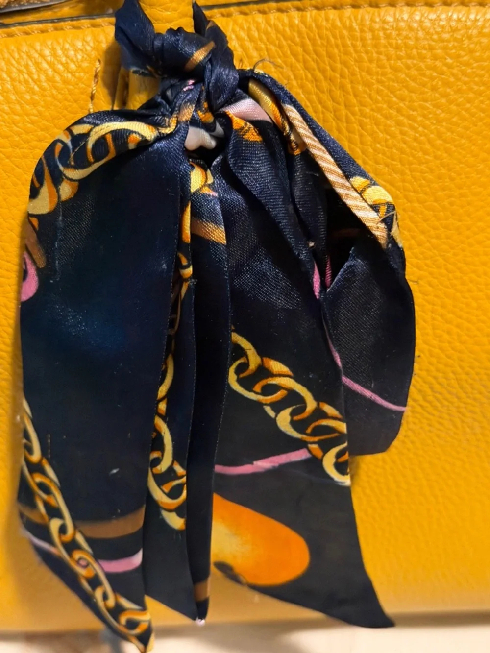 Aldo Yellow Pebbled Leather Top-Handle Satchel with Navy Scarf
